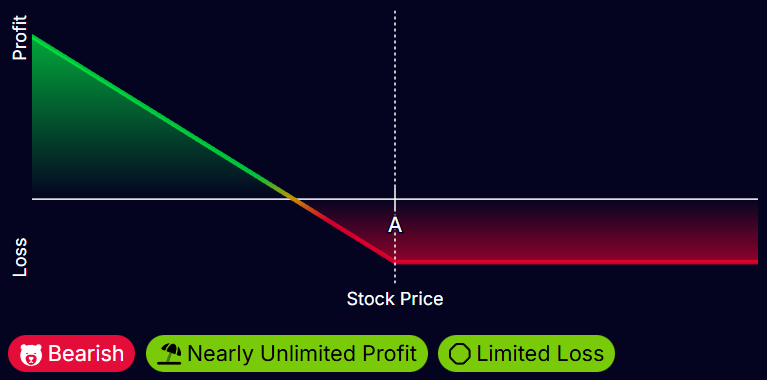 „Profit-Loss-Diagramm einer Long Put Optionsstrategie mit bärischem Verlauf: unbegrenzter Gewinn bei fallenden Kursen, begrenzter Verlust auf die Prämie